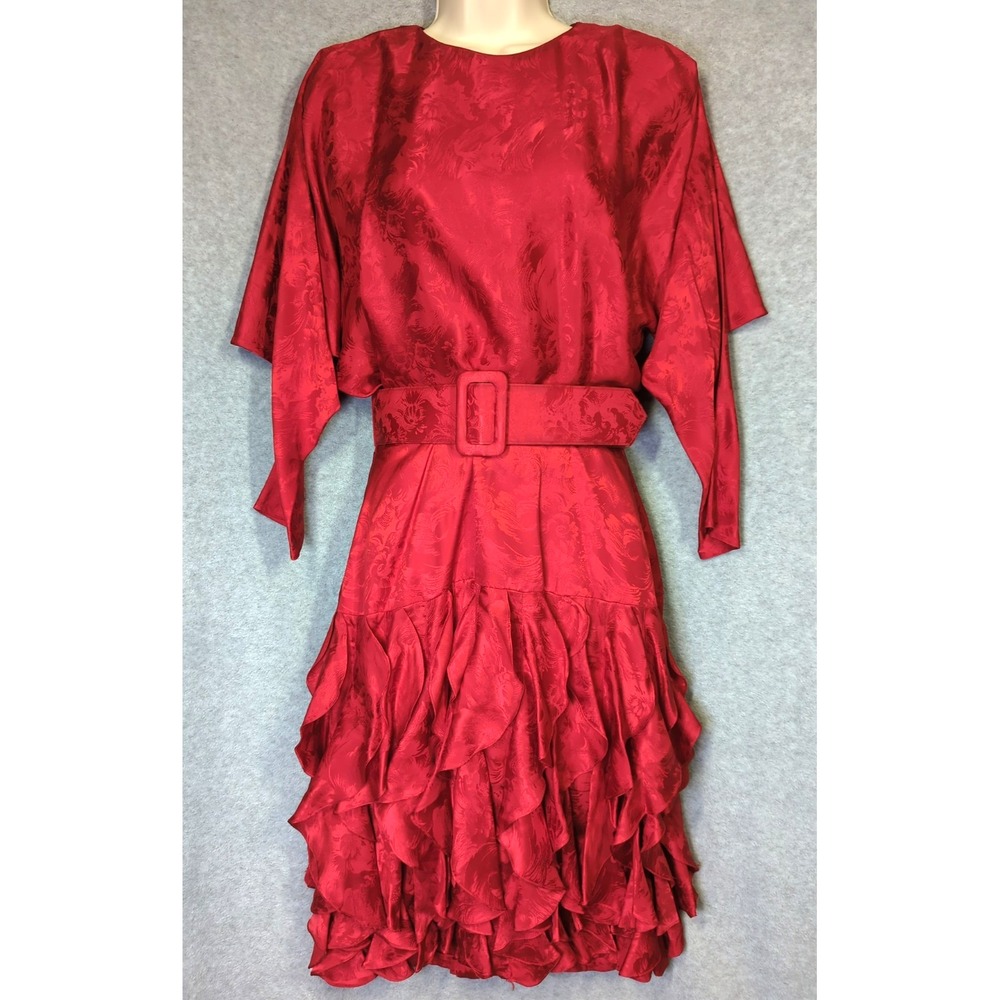 Vtg 80s Lauren Alexandra Size 8 100% Silk Red Jacquard Batwing Midi Dress Belt